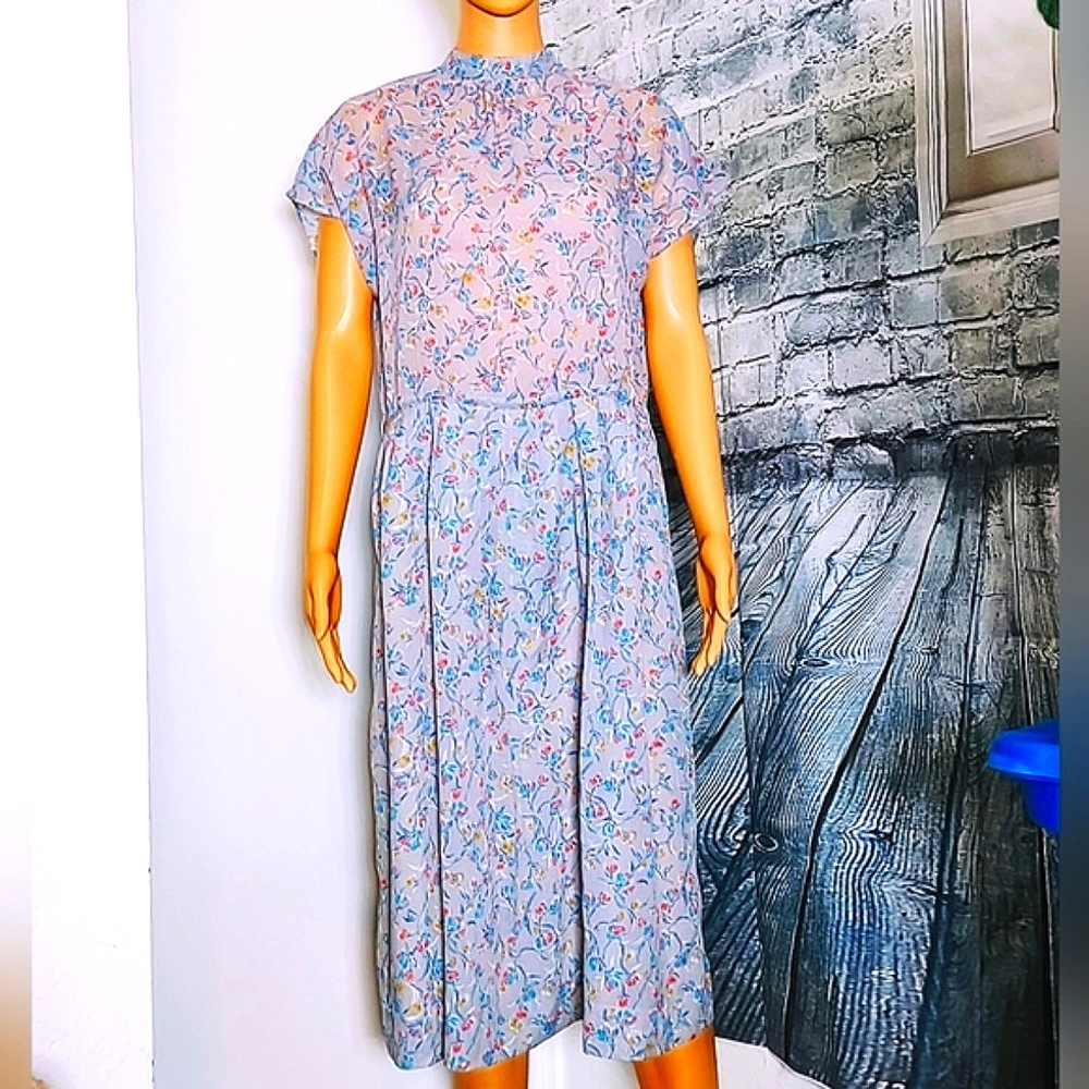 FLORAL FEMININE VINTAGE PERIWINKLE BLUE COTTAGE CORE SHEER DRESS SIZE  11